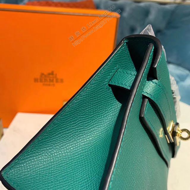 Hermes女包 愛馬仕Kelly pochette一代手包 原廠epsom皮 孔雀綠/金扣 手工蠟線 Hermes手提女包  am1729